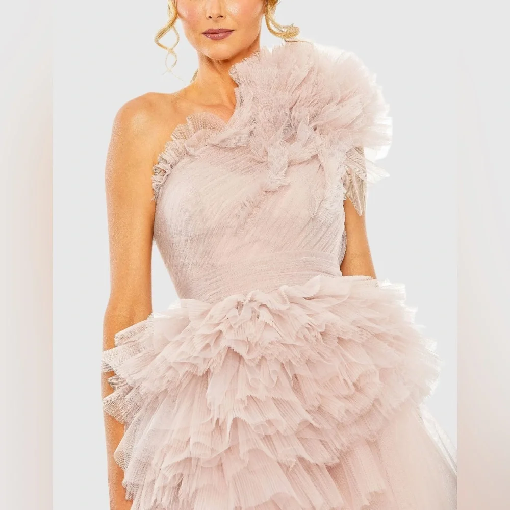 MAC DUGGAL 20600 Tulle Ruffle One Shoulder Mini Dress in Mauve